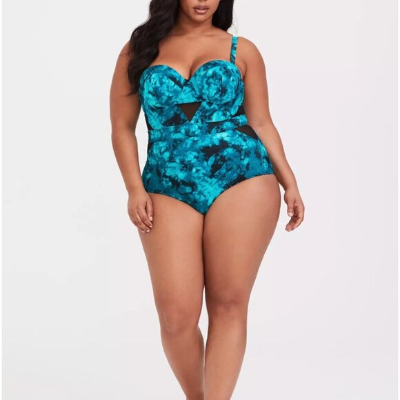 Torrid Swimsuit One 1 Piece Suit Tie Dye Mesh Insert Teal Black New Plus Size 4X - Picture 1 of 10